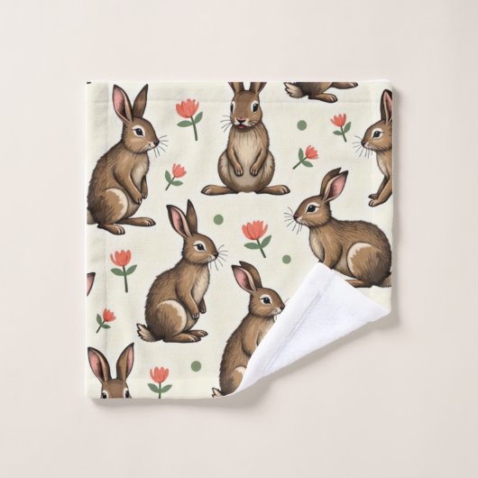 Vintages Kaninchenmuster Badhandtuch Set (Waschlappen)