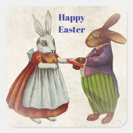 Vintages Kaninchenpaar in Viktorianischer Kleidung Quadratischer Aufkleber (Vorderseite)