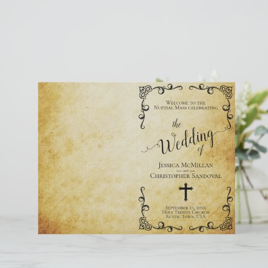 Vintages katholisches Hochzeitsprogramm für Pergam (Stehend Vorderseite)