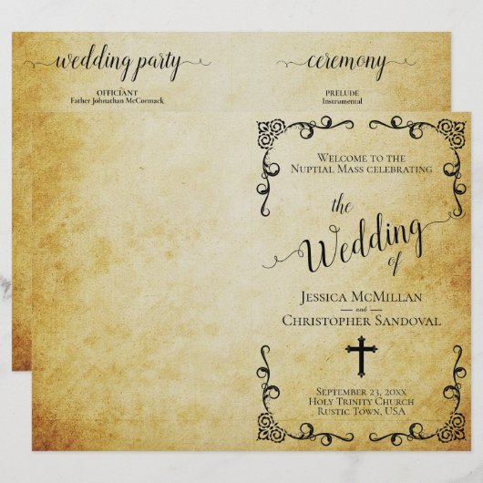 Vintages katholisches Hochzeitsprogramm für Pergam (Vorne/Hinten)