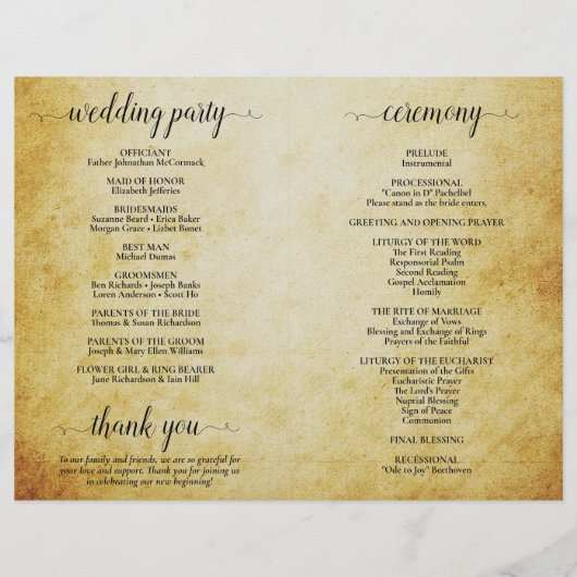 Vintages katholisches Hochzeitsprogramm für Pergam (Rückseite)