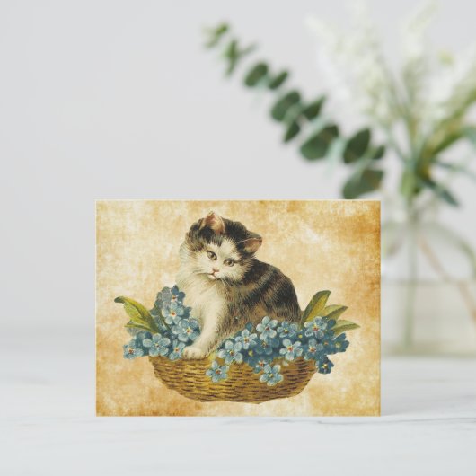 Vintages Kätzchen im Korb Postkarte (Stehend Vorderseite)
