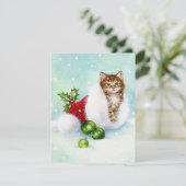 Vintages Kätzchen in Weihnachtsmannmütze Feiertagskarte (Stehend Vorderseite)