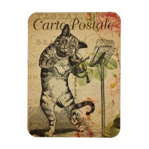 Vintages Katzenthema  Postkarte  Katze und Fiddle Magnet