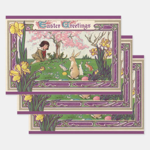 Vintages Kind auf einer Eizelljagd mit Tieren Geschenkpapier Set