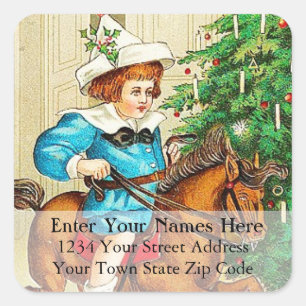 Vintages Kind auf Rocking Horse-Adressetikett Quadratischer Aufkleber