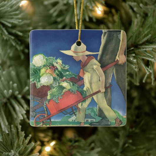 Vintages Kind, Bio Gartenarbeit; Siegesgarten Keramikornament (Baum)