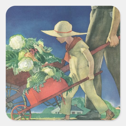 Vintages Kind, Bio Gartenarbeit; Siegesgarten Quadratischer Aufkleber (Vorderseite)