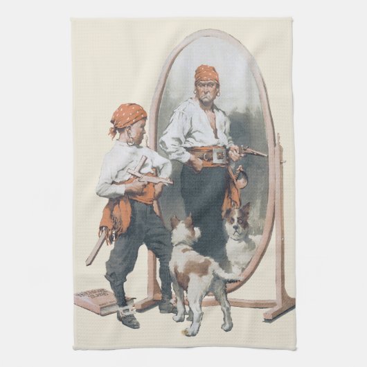 Vintages Kind, Boy Pirate, Hund, Spiegel, Bukcanee Geschirrtuch (Vertikal)