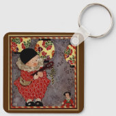 Vintages Kind Harlequin, Musiker spielt Banjo Schlüsselanhänger (Rückseite)