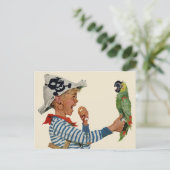 Vintages Kind, Junge Pirat Parrot Bird Postkarte (Stehend Vorderseite)