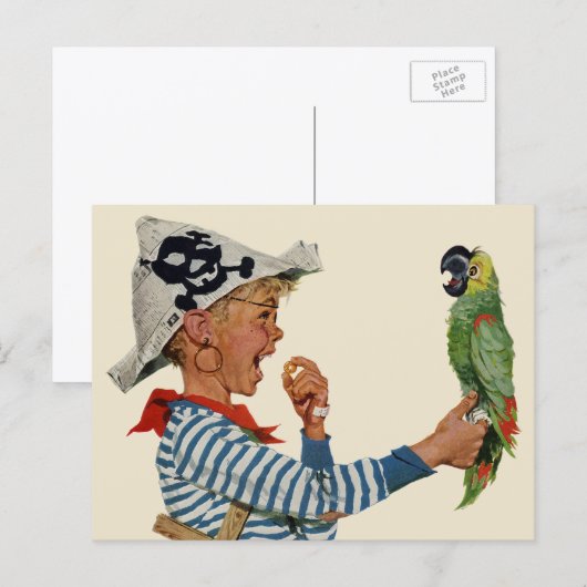 Vintages Kind, Junge Pirat Parrot Bird Postkarte (Vorne/Hinten)