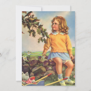 Vintages Kind, Mädchen beobachten Vögel im Baum, F