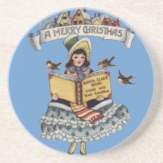Vintages Kind mit dem Weihnachtsmann buchen Sandstein Untersetzer (Vorne)