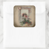 Vintages Kind mit Heiligen und Weihnachtsgrüßen Quadratischer Aufkleber (Tasche)