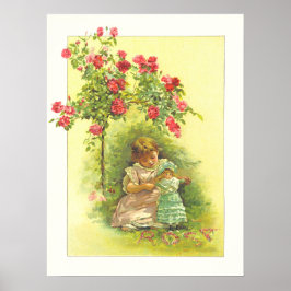 Vintages Kind mit Puppe und Rose Storybook Seite Poster