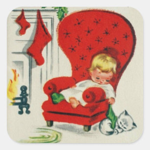 Vintages Kind und Katze Gewartet für Santa Quadratischer Aufkleber
