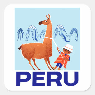 Vintages Kind- und Lama-Peru-Reiseplakat Quadratischer Aufkleber