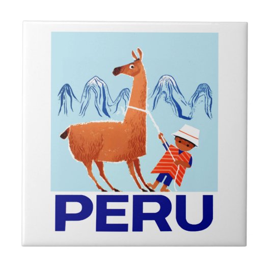 Vintages Kinder-und Lama-Peru-Reise-Plakat Fliese (Vorderseite)