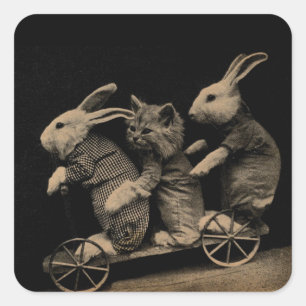 Vintages Kitten und Bunny Funny Funny Funny Foto Quadratischer Aufkleber