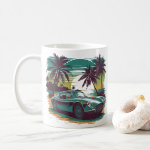 Vintages klassisches Auto mit tropischem Sonnenunt Kaffeetasse