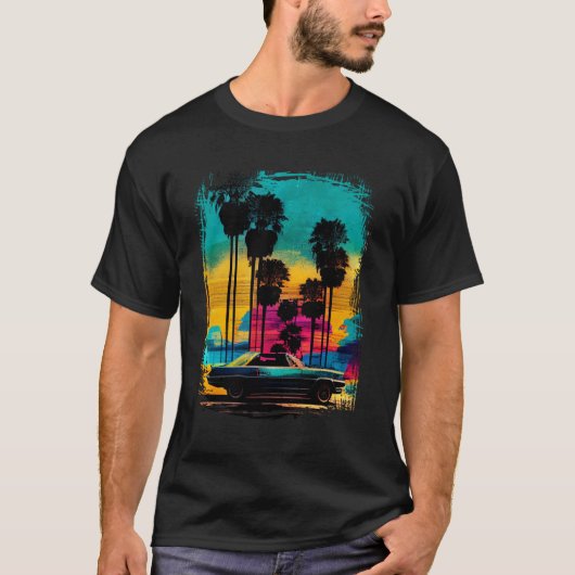 Vintages klassisches Auto und Palmenbaum Sonnenunt T-Shirt (Vorderseite)