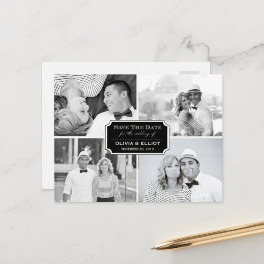 Vintages klassisches Buchzeichen Vier Foto Save th Ankündigungspostkarte (Vorderseite/Rückseite Beispiel)