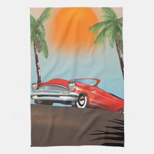 Vintages Klassisches Rotes Auto im Paradies Geschirrtuch (Vertikal)