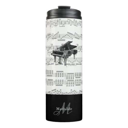 Vintages Klavier mit Notenschrift Monogram Black Thermosbecher (Vorderseite)