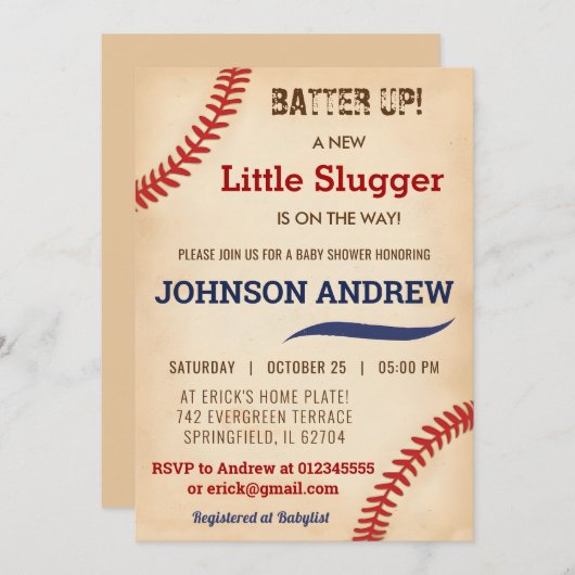 Vintages kleines Gepäckstück Baseball Babydusche Einladung (Vorne/Hinten)