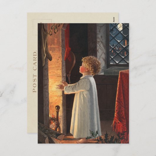 Vintages kleines Mädchen am Feuerplatz Weihnachten (Vorne/Hinten)