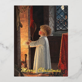 Vintages kleines Mädchen am Feuerplatz Weihnachten Folien Feiertagspostkarte