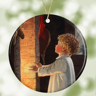Vintages kleines Mädchen am Feuerplatz Weihnachten Keramik Ornament