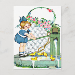 Vintages kleines Mädchen, gelbe Küken, Enten Postkarte