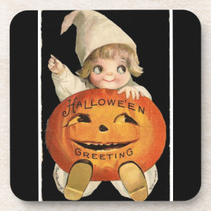 Vintages kleines Mädchen mit großem Halloween-Kürb Getränkeuntersetzer