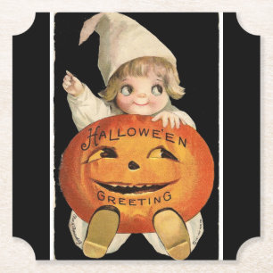 Vintages kleines Mädchen mit großem Halloween-Kürb Untersetzer