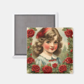 Vintages kleines Mädchen mit Rose Magnet (Vorderseite/Rückseite)