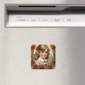 Vintages kleines Mädchen mit Rose Magnet (In Situ (Geschirrspüler))