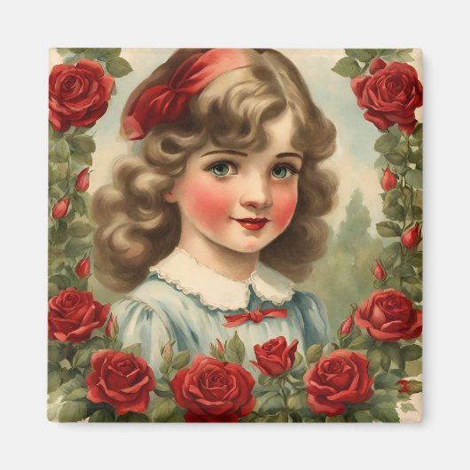 Vintages kleines Mädchen mit Rose Magnet (Vorne)