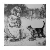 Vintages kleines Mädchen und Kitten Fliese (Vorderseite)