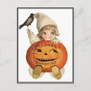 Vintages Kleinkind mit Raven & Pumpkin Halloween Postkarte