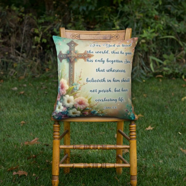 Vintages Kreuz John 3:16 Blumenkohl Christlich Kissen (Von Creator hochgeladen)