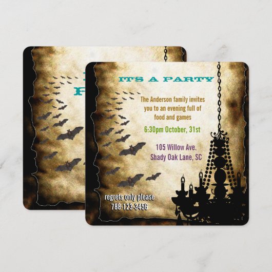 Vintages Kronleuchter und Bat-Halloween-Party Einladung (Vorne/Hinten)