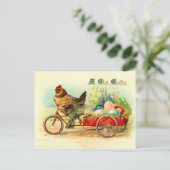 Vintages Küken auf dem Fahrrad Osterfest Postkarte (Stehend Vorderseite)