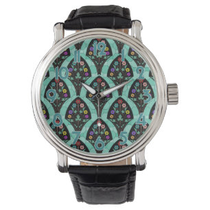 Vintages Kunst-Deko-Blumen-Fan-Mosaik Armbanduhr
