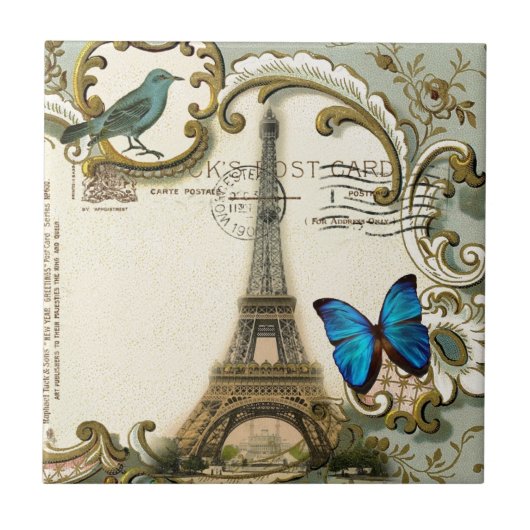 Vintages Kunst nouveau blauer Turm Wirbelsparis Fliese (Vorderseite)