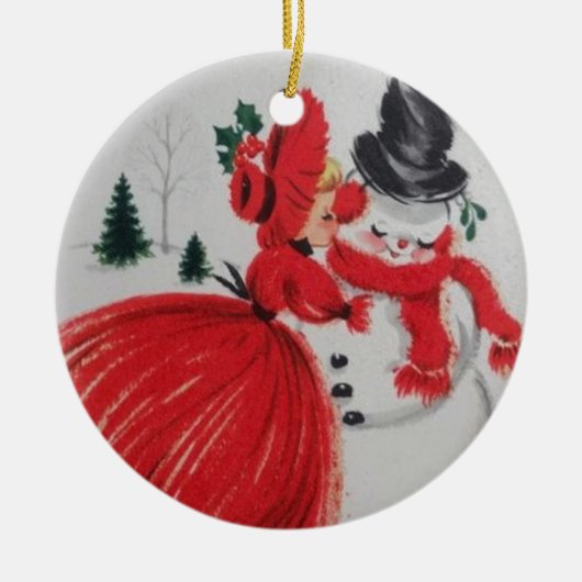 Vintages Küssen eines Schneemans Keramikornament (Vorne)