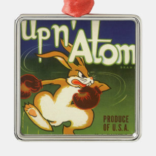 Vintages Label Art Boxing Rabbit, Up in Atom Carro Silbernes Ornament