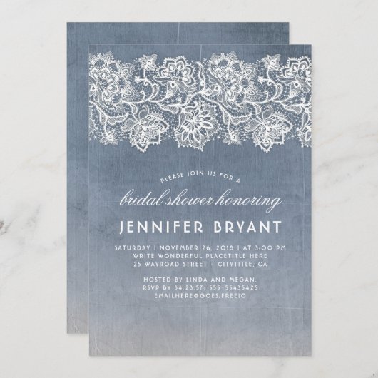 Vintages Lace Dusty Blue Brautparty Einladung (Vorne/Hinten)
