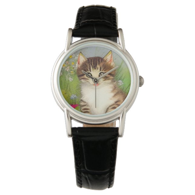 Vintages Lächeln Katze Illustration Armbanduhr (Vorderseite)